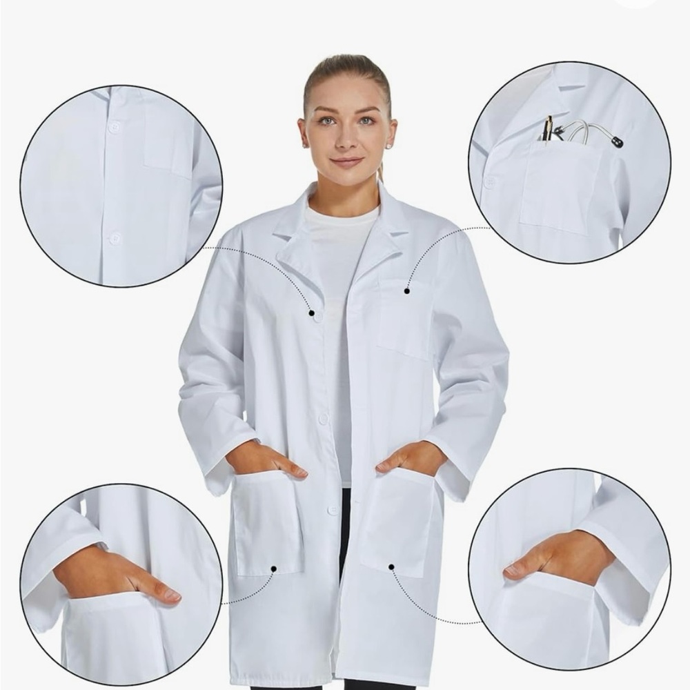 NWT VOGRYE Professional Lab Coat For Women and Men Long Sleeve, White Unisex L